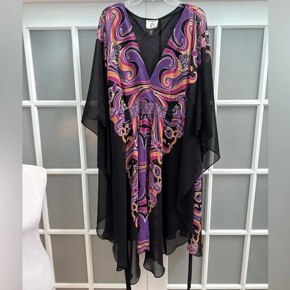 VTG I.C.E. Boho Black Dress & Kaftan Resort Evening Cover Up Set 2pc Size 18W - Picture 3 of 15